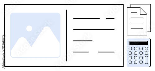 Image placeholder, aligned text blocks, stacked documents, and a calculator suggesting data organization and efficiency. Ideal for paperwork, planning, finance, analytics, organization office