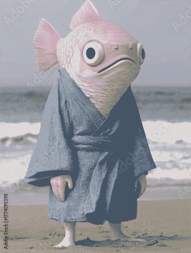 Surreal character of humanoid fish wearing a robe on a beach