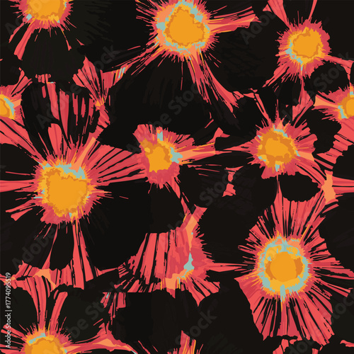 Abstract Macro Flowers Vector Art suitable for printing on surface textile, fabric texture all over prints, multi colors, seamless pattern, big scale flowers elements 