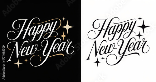 Elegant Happy New Year lettering design decorative typography with stars festive vector illustration for holiday greetings and invitations