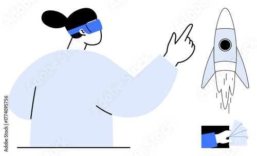 Woman wears VR headset and points at a launching rocket with cash and card icon as added elements. Ideal for innovation, technology, virtual reality, dreams, success, startups, simple flat metaphor