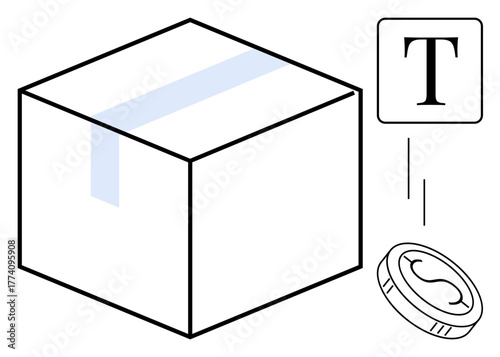Box with tape, stylized text T, and coin falling, suggesting shipping, ecommerce, payment, and packaging. Ideal for logistics commerce finance trade retail simplicity minimalism. Simple flat