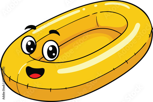 Yellow inflatable swimming pool ring with happy face cartoon vector illustration for summer fun and water activities 