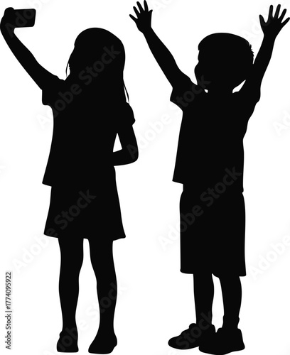 Silhouette of two children taking selfie and raising hands in joyful pose vector illustration 