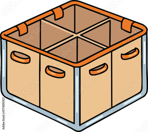 Storage organizer box with four compartments and handles in beige and orange colors vector illustration