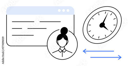 Profile of a woman, clock, webpage interface, and arrows representing digital workflow and time optimization. Ideal for productivity, workflow, time management, scheduling, efficiency teamwork
