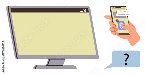 Computer screen and hand holding smartphone with security code for login verification. Ideal for cybersecurity, authentication, technology, privacy, online safety, data security, modern