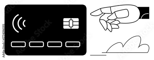 Robotic hand reaching toward a smart credit card with a wireless chip. Ideal for AI, finance, contactless payment, technology, innovation, robotics, and automation. Clean flat metaphor