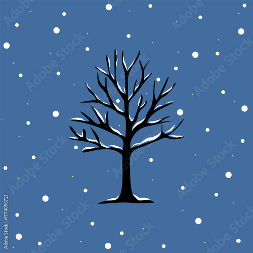 Winter tree illustration. Snowy nature vector. Frozen landscape scene. Bare branch silhouette.