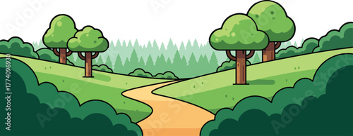 Cartoon landscape with trees, hills, and a winding path under a blue sky with fluffy clouds, creating a peaceful and serene scene