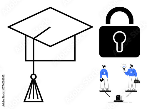 Graduation cap, lock symbolizing security, and individuals exchanging innovative ideas on a scale. Ideal for education, learning, security, teamwork, balance, intellectual property innovative