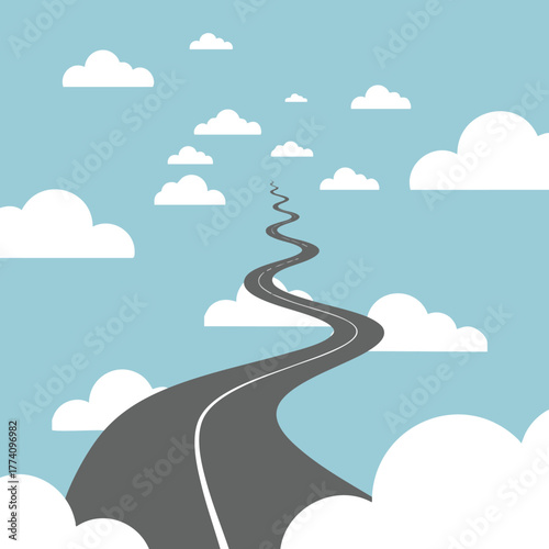 Winding road disappearing into clouds under blue sky with scattered white clouds vector illustration 