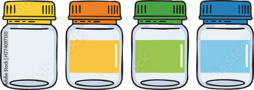 Four glass jars with yellow orange green and blue lids and labels vector illustration for storage and organization 