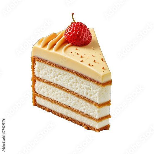 Slice of cake with strawberry on transparent background