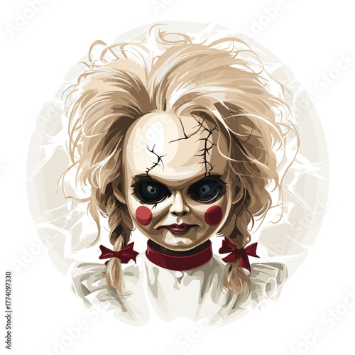 Scary Cursed Evil Doll Face Vector Clipart