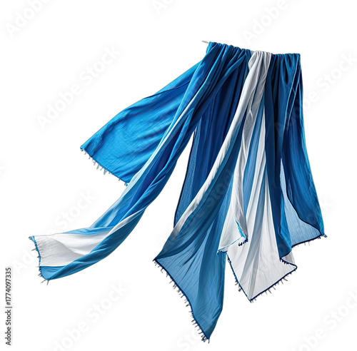 Flowing blue and white fabric with draped edges and a dark background