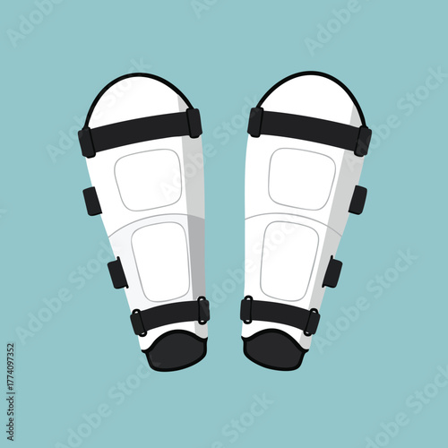 White shin guards with black straps for sports protection on blue background vector illustration 