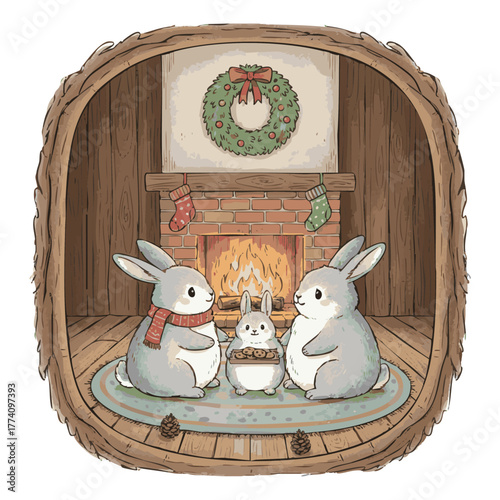 Cozy Christmas Rabbit Family by the Fireplace in a Log Cabin with Wreath and Cookies