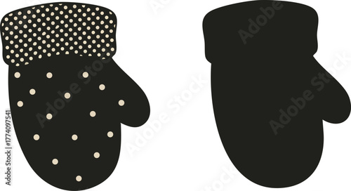 Pair of winter mittens vector illustration with polka dot pattern and plain silhouette design for cold weather accessories