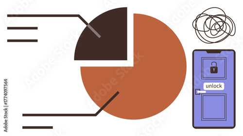 Split pie chart with connecting lines, tangled lines above a locked door marked unlock. Ideal for problem-solving, analytics, decision-making, unlocking ideas, innovation, data strategy. Simple flat