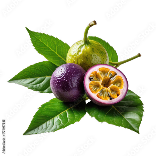 Vivid depiction of passion fruits with leafy foliage on a black background