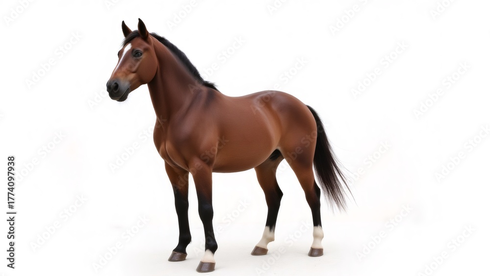 Naklejka premium Elegant brown horse standing gracefully on white background, daytime