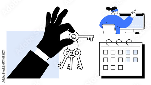 Hand with keys symbolizing access control, person at computer representing technology use, and calendar for scheduling tasks. Ideal for teamwork, productivity, management, planning, security
