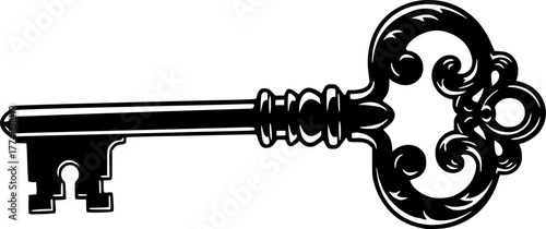 Skeleton key silhouette. This image shows a black silhouette of an ornate, antique skeleton key with intricate details, used for unlocking vintage locks. Vector clipart illustration design.