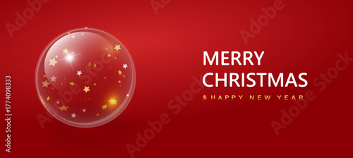 Christmas decorations glass baubles transparent ball, hang on gold ribbon.Holiday Christmas ball objects