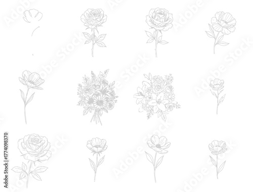 Delicate line art florals blooming with gentle grace in a subtle monochrome tone