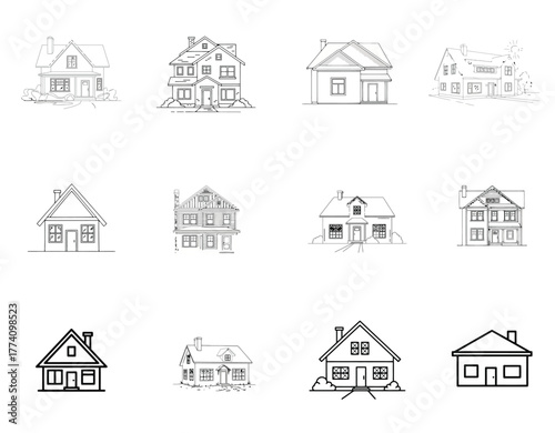 Variety of architectural house designs in minimalist line art drawings