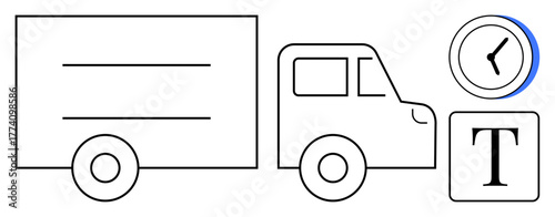 Delivery truck with clock suggesting punctuality and time management, complemented by a text block. Ideal for shipping, logistics, delivery, transportation, efficiency, punctuality, customizable
