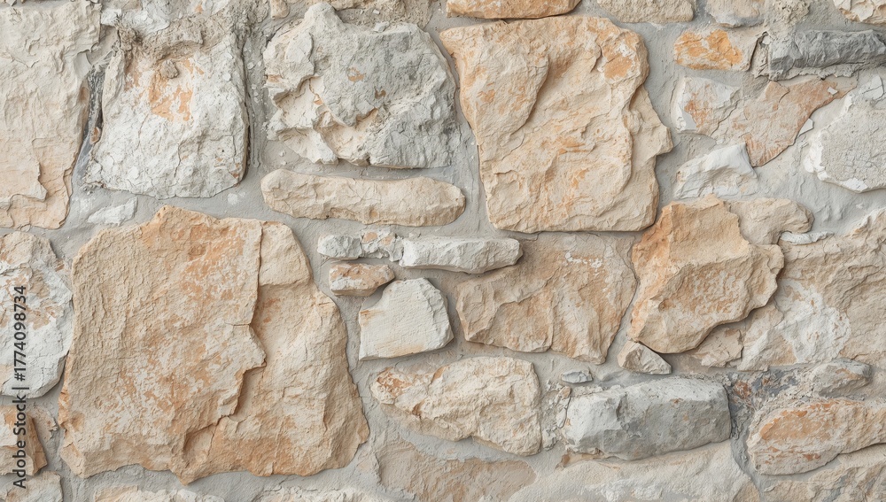 Fototapeta premium Abstract Stone Facade Composition, Neutral Color Palette, Rough Texture, Organic Forms.