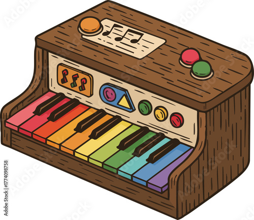 Rainbow colored wooden toy piano with musical notes and buttons vector illustration
