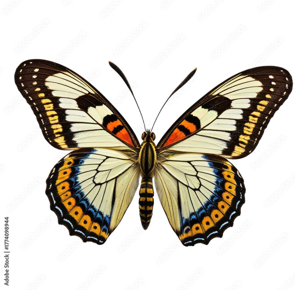 Fototapeta premium Butterfly with detailed wings, viewed from above, black background