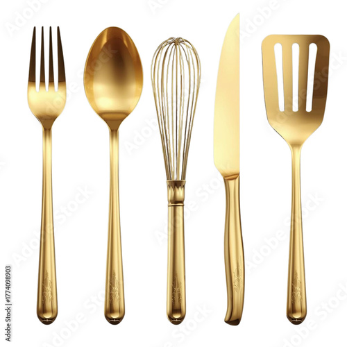 Luxury Golden Kitchen Utensils Clipart Set - Premium Metallic Cooking Tools Isolated
