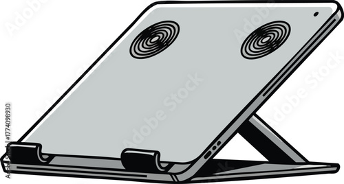 Adjustable laptop stand with cooling fans for ergonomic computer use and improved ventilation at workspace