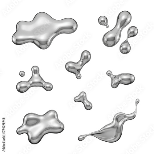 Abstract Liquid Chrome Shapes: Futuristic Fluid Metallic 3D Forms on Transparent Background