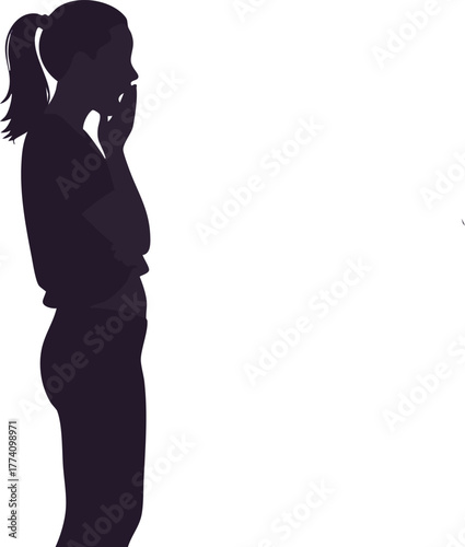 Woman standing thinking silhouette profile vector illustration in contemplative pose with ponytail hairstyle 