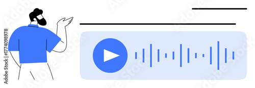 Person gesturing towards a screen showing a blue play button and audio waveform. Ideal for audio technology, podcasts, music, media apps, sound design, presentations, simple flat metaphor