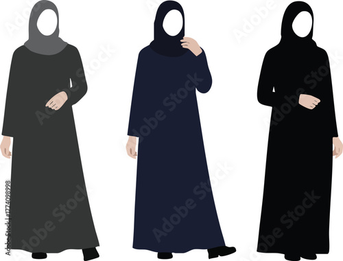 Women Wearing Long Dresses and Headscarves in Different Dark Colors Vector Illustration 