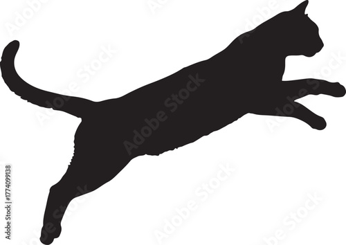 Black cat silhouette jumping mid-air with tail extended
