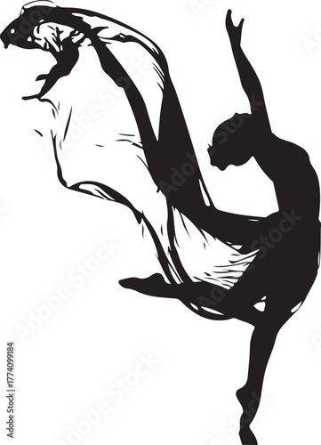 Black silhouette of a dancer in mid-leap with flowing fabric