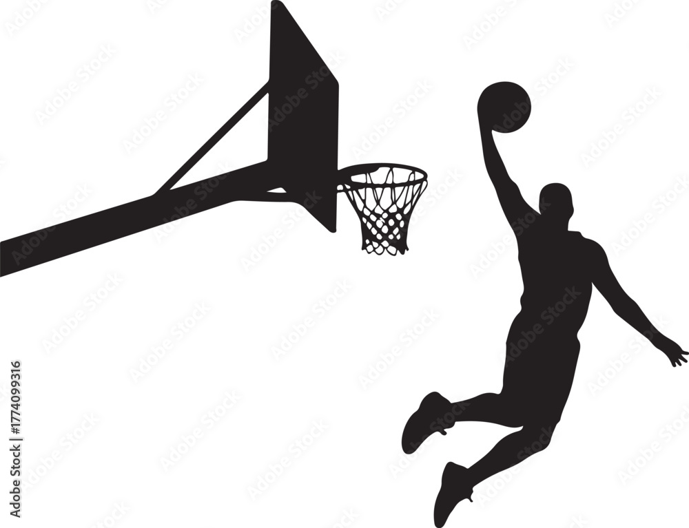 Fototapeta premium Black silhouette of basketball player dunking on white background