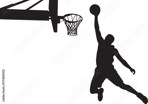 Black silhouette of a basketball player dunking on a white background