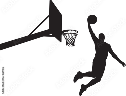 Black silhouette of basketball player dunking on white background
