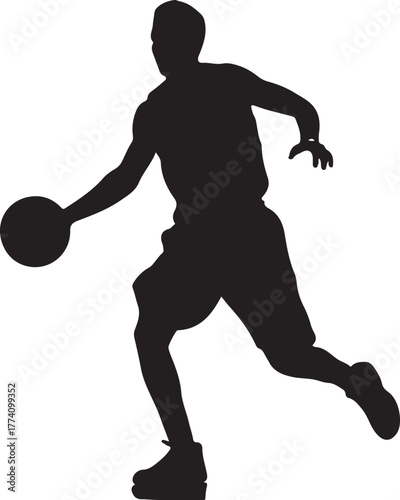 Black silhouette of a basketball player dribbling white