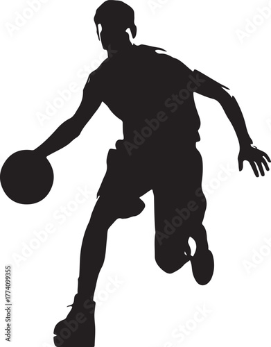 Black silhouette of a basketball player dribbling white 1