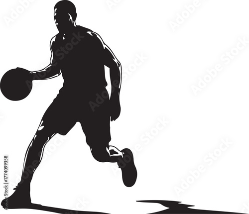 Black silhouette of a basketball player dribbling black and white