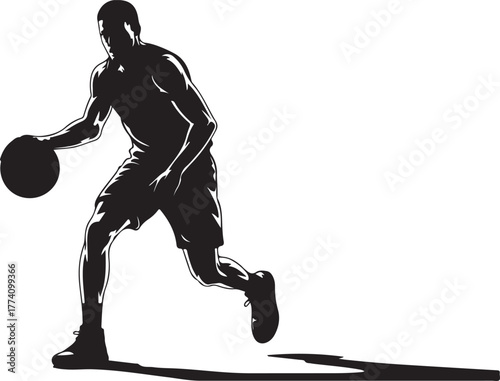 Black silhouette of a man dribbling a basketball sport